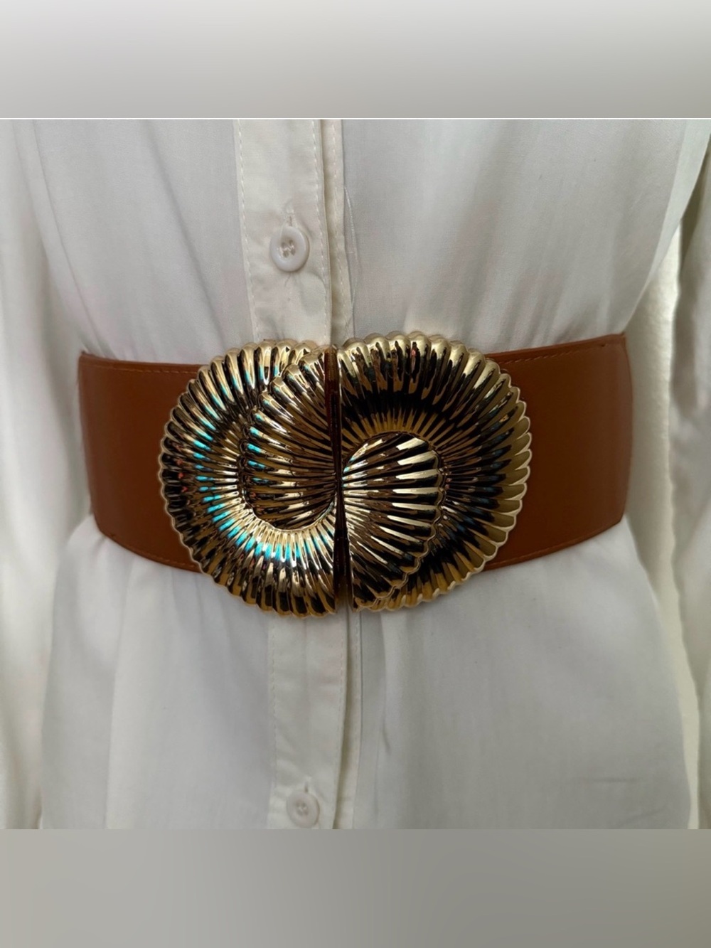 Brown PU leather elastic waistband belt with gold tone buckle